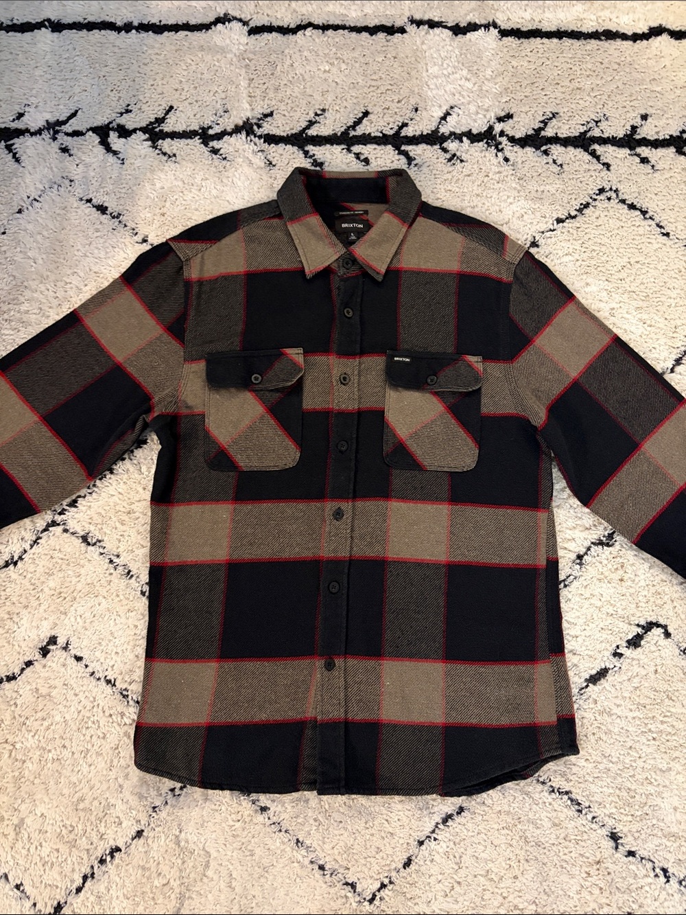 Brixton Black and Olive Plaid Button-Down Shirt with Red Accents